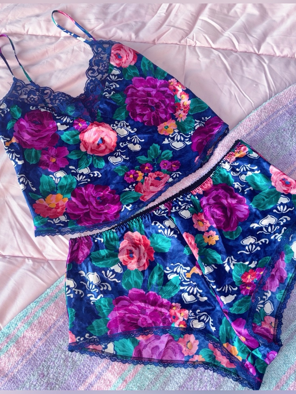 Vintage Delicates Floral Satin Lace Cami & Tap Shorts Pajama Set Blue Pink Roses